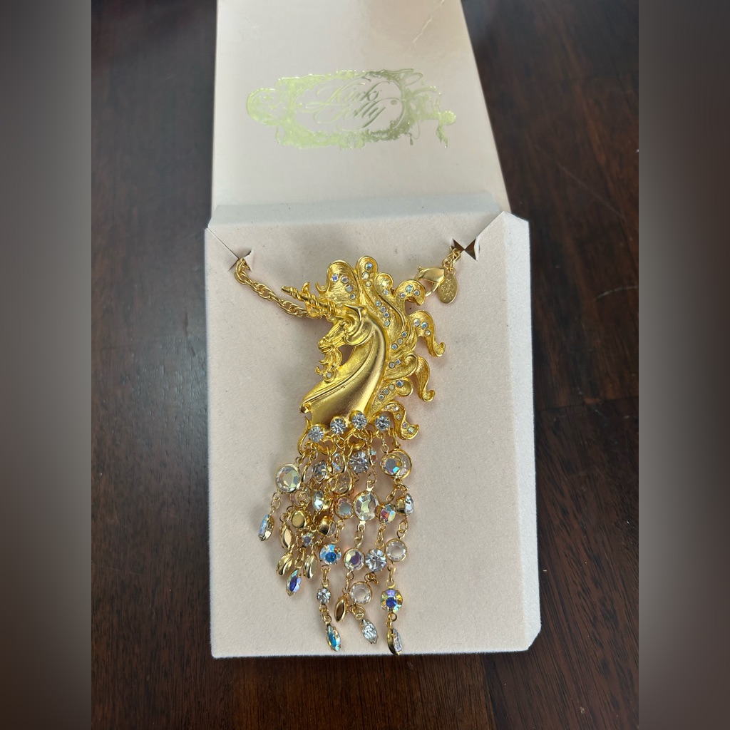 Vintage New Kirks Folly Unicorn Pendant Necklace Brooch Gold W Crystals 36 140$